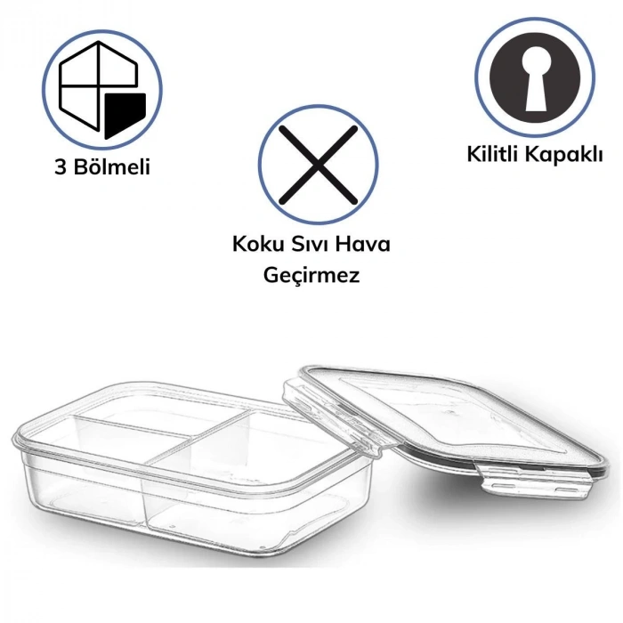 Durukar® 3 Bölmeli Kilitli Kapaklı 1 Litre Erzak Saklama Kabı LC-510