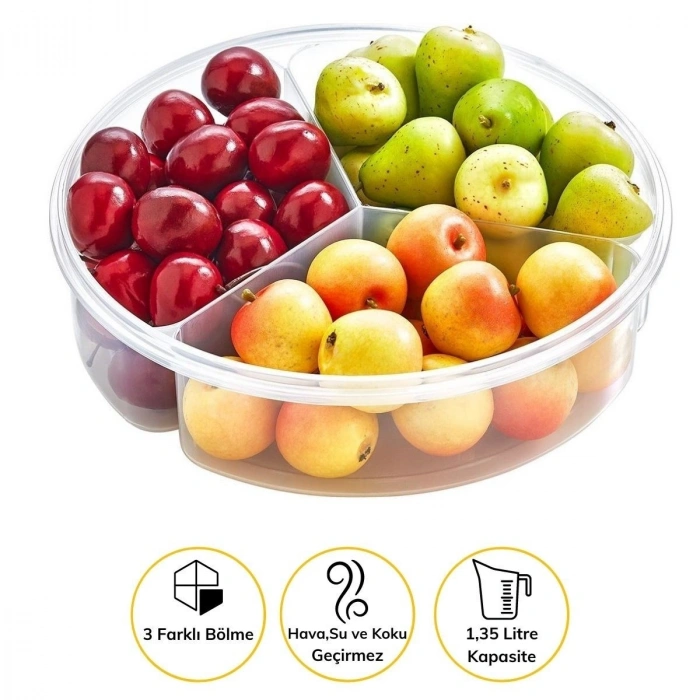 Durukar® 3 Bölmeli Sızdırmaz Contalı Kilitli Kapaklı 1,35 Litre yuvarlak Erzak Saklama Kabı LC-500