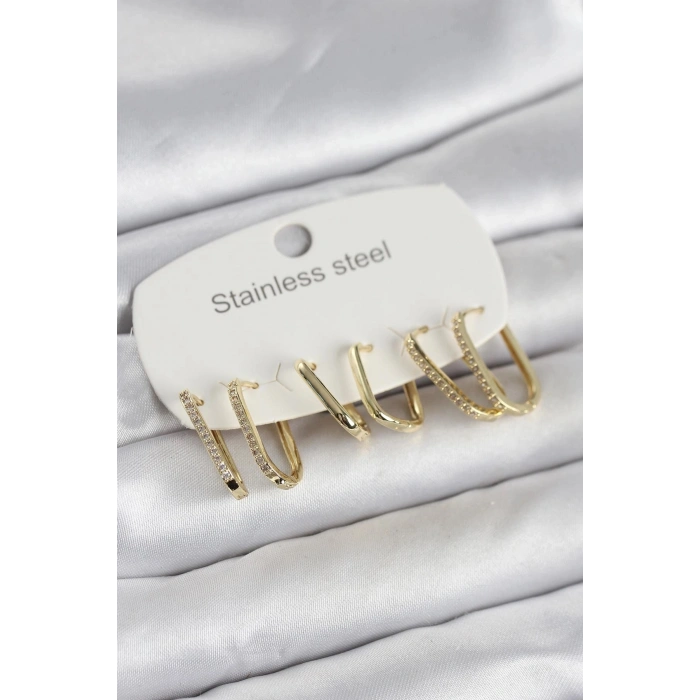 Durukar® 316L Çelik Gold Renk 6lı Set Geometrik Model Kadın Küpe