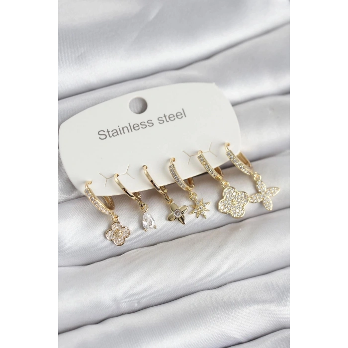 Durukar® 316L Çelik Gold Renk 6lı Set Yonca Model Kadın Küpe
