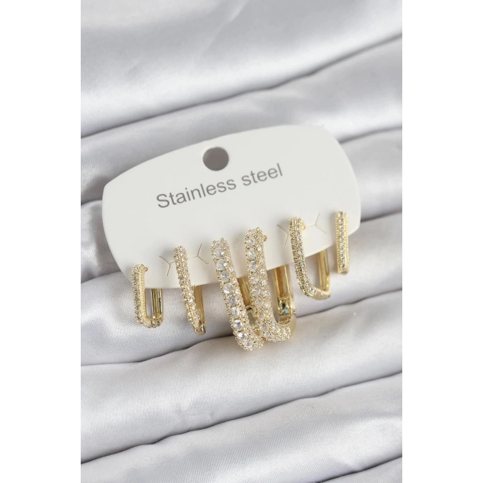 Durukar® 316L Çelik Gold Renk 6lı Set Zirkon Taşlı Kadın Küpe