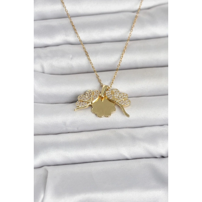 Durukar® 316L Çelik Gold Renk Açılabilir Yonca Model Zirkon Taşlı Kadın Kolye