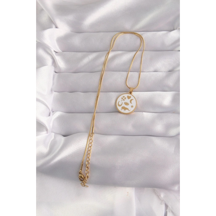Durukar® 316L Çelik Gold Renk Beyaz Mineli Karışık Figürlü Tarot Kolye