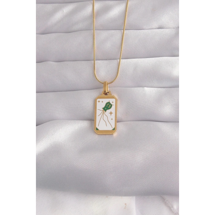 Durukar® 316L Çelik Gold Renk Beyaz Mineli Tarot Kolye