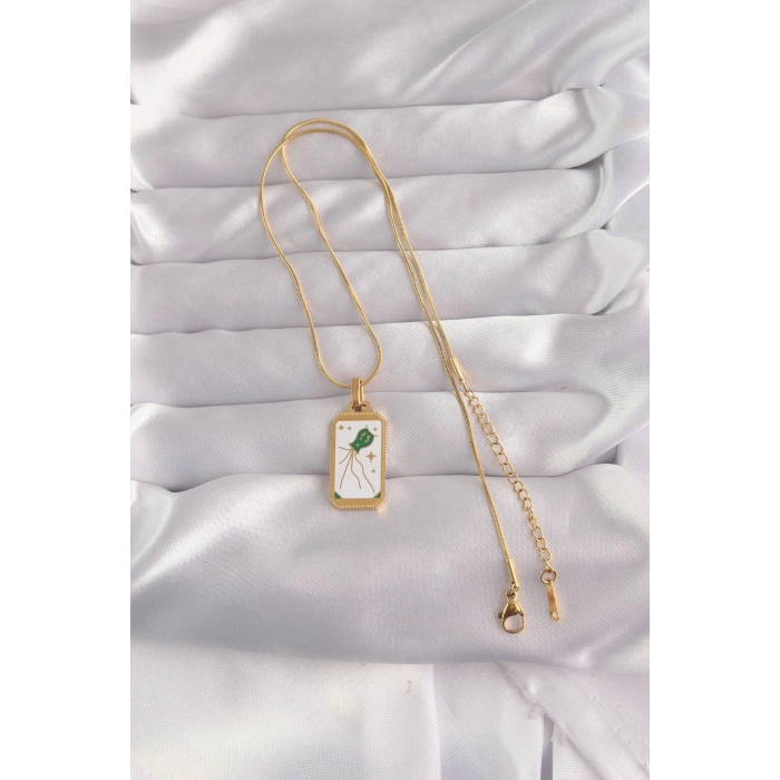 Durukar® 316L Çelik Gold Renk Beyaz Mineli Tarot Kolye