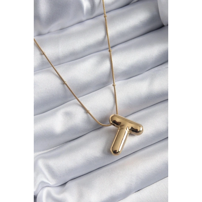 Durukar® 316L Çelik Gold Renk Bubble T Harf Model Kadın Kolye