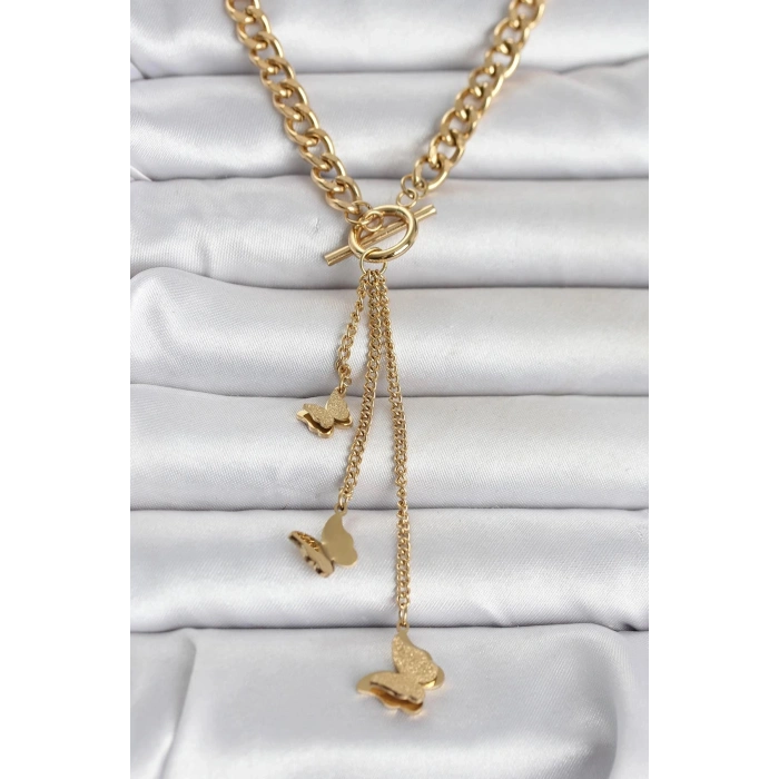 Durukar® 316L Çelik Gold Renk Kelebek Sallantılı Kadın Kolye