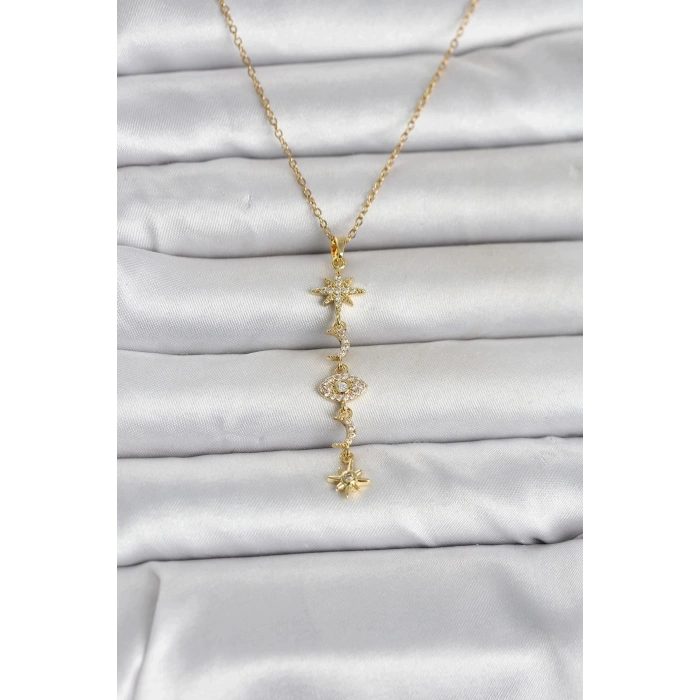 Durukar® 316L Çelik Gold Renk Kutup Yıldızı Y Model Zirkon Taşlı Kadın Kolye