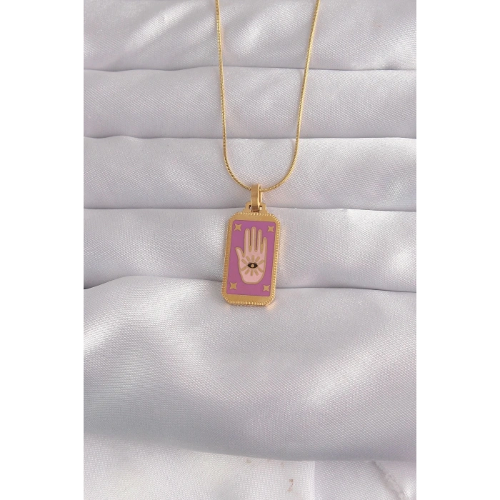 Durukar® 316L Çelik Gold Renk Mor Mineli El Figür Tarot Kolye