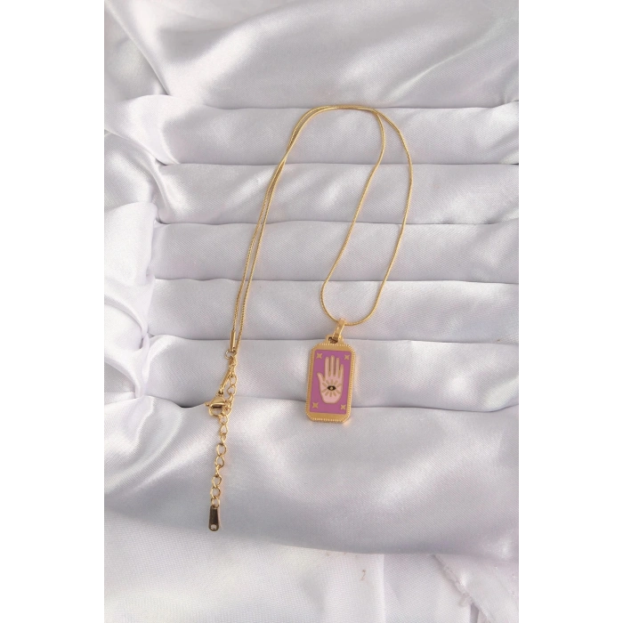 Durukar® 316L Çelik Gold Renk Mor Mineli El Figür Tarot Kolye