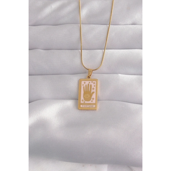 Durukar® 316L Çelik Gold Renk Pembe Mineli El Figür Tarot Kolye