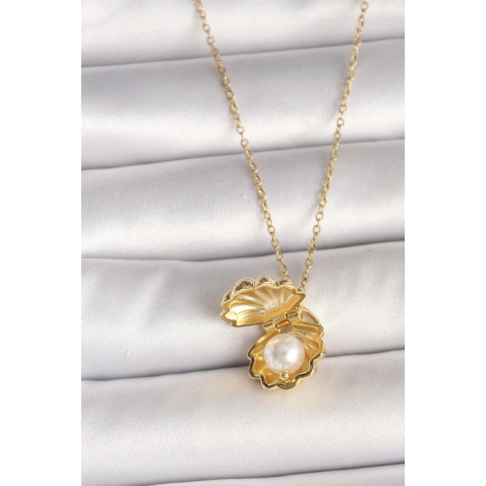 Durukar® 316L Çelik Gold Renk Zincir Açılır İncili Midye Model Kadın Kolye