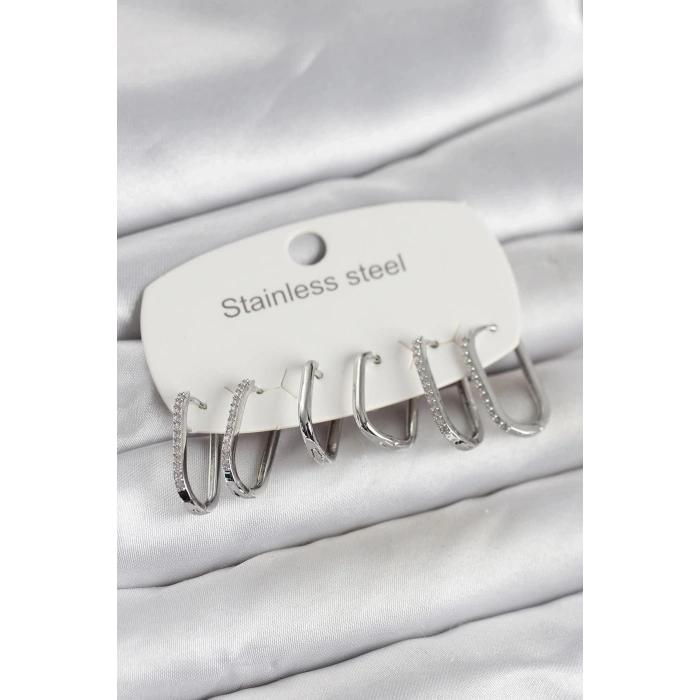 Durukar® 316L Çelik Gümüş Renk 6lı Set Geometrik Model Kadın Küpe