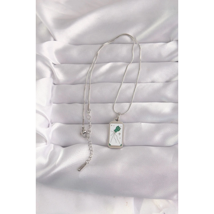 Durukar® 316L Çelik Gümüş Renk Beyaz Mineli Tarot Kolye