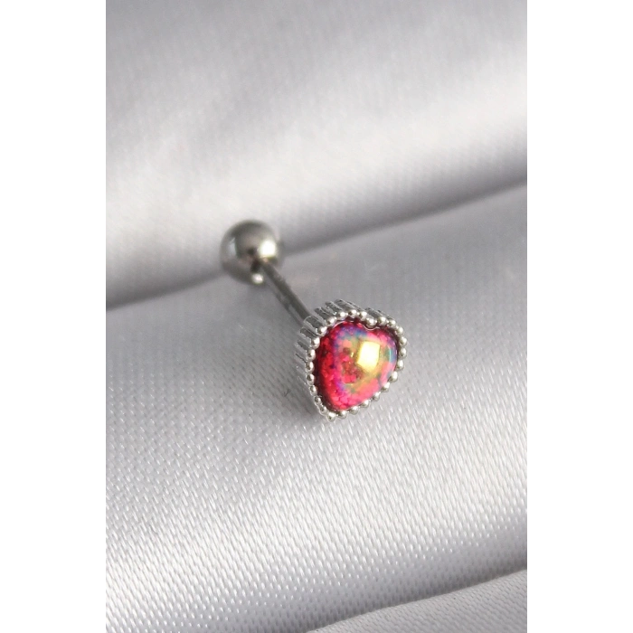 Durukar® 316L Çelik Gümüş Renk Kırmızı Mineli Kalp Tragus Piercing