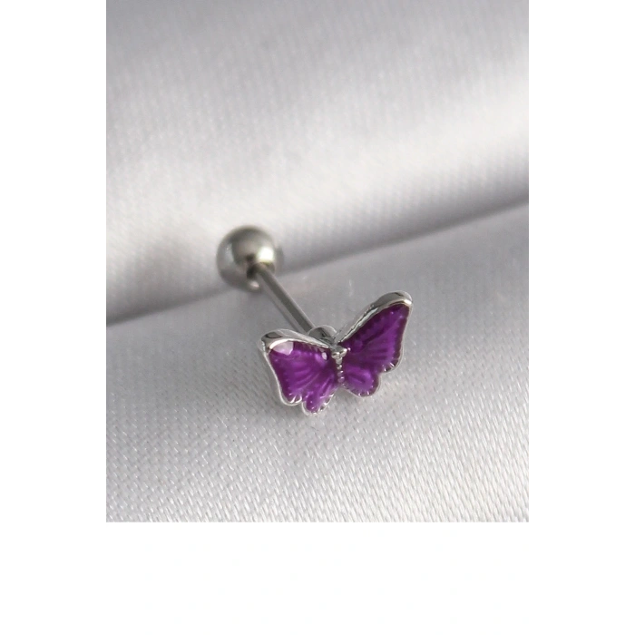 Durukar® 316L Çelik Gümüş Renk Mor Kelebek Model Tragus Piercing