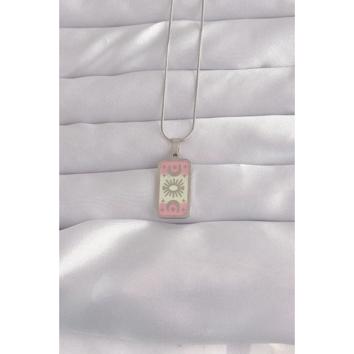 Durukar® 316L Çelik Gümüş Renk Pembe Mineli Ay Figür Tarot Kolye