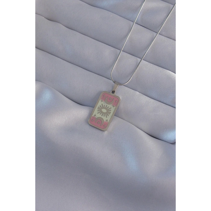 Durukar® 316L Çelik Gümüş Renk Pembe Mineli Ay Figür Tarot Kolye