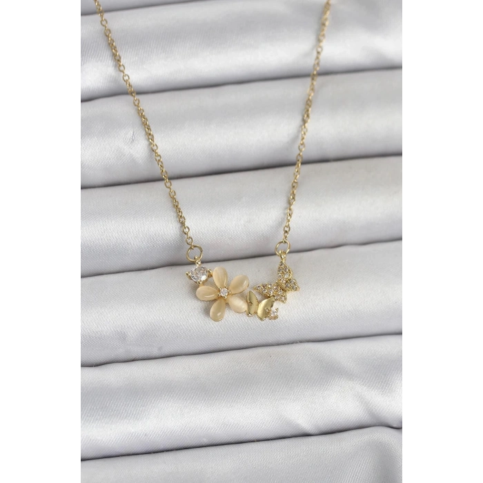 Durukar® 316L Çelik Zincir Gold Renk Çiçek ve Kelebek Model Kadın Kolye