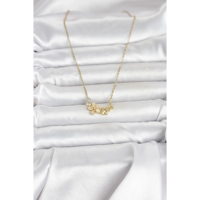 Durukar® 316L Çelik Zincir Gold Renk Çiçek ve Kelebek Model Kadın Kolye