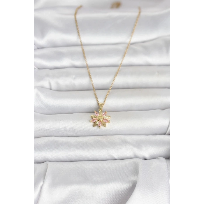 Durukar® 316L Çelik Zincir Gold Renk Pembe Papatya Model Kadın Kolye