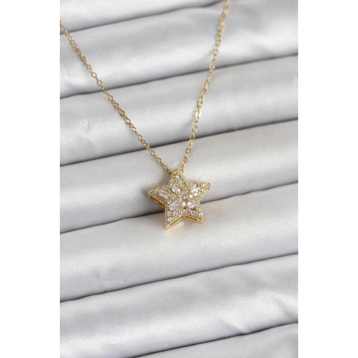 Durukar® 316L Çelik Zincir Gold Renk Zirkon Taşlı Yıldız Model Kadın Kolye