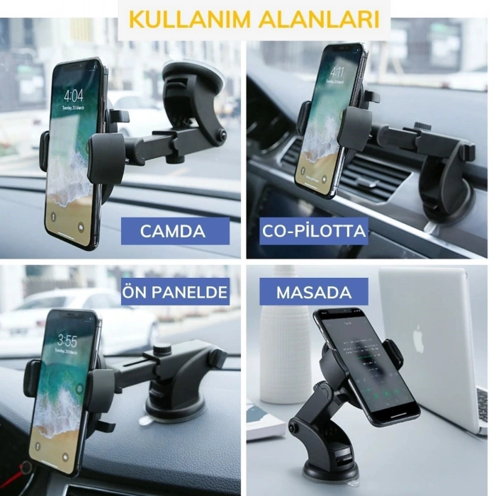 Durukar® 360 Derece Dönen Torpido Üstü Uzunluk Ayarlamalı Vantuzlu Teleskopik Araç Telefon Tutucu