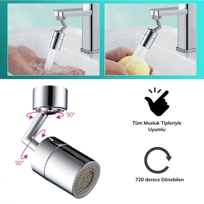 Durukar®  720 Derece Dönebilen 4 Filtreli Tüm Musluk Tipleri İle Uyumlu Montaj Aparatlı Musluk Başlık