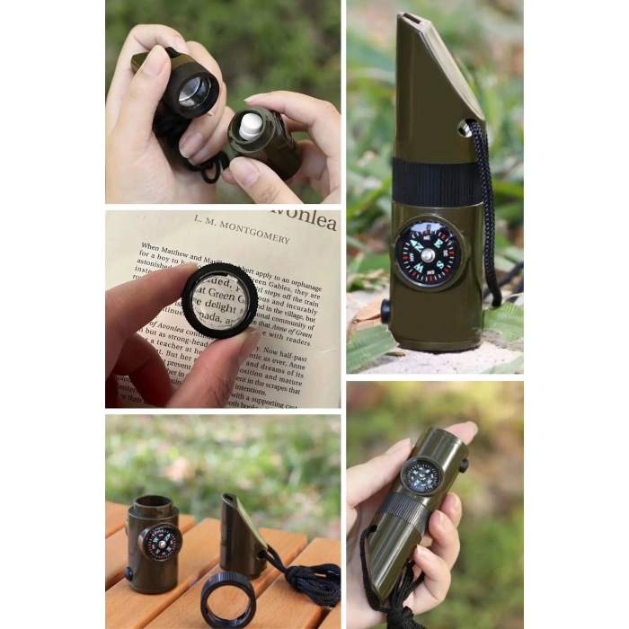 Durukar® 7si 1arada Acil Durum Düdüğü,El Feneri, Termometre,Pusula,Büyüteç,Depolama Bölmeli Kampçı Düdüğü