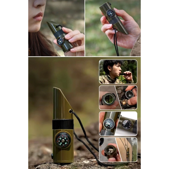 Durukar® 7si 1arada Acil Durum Düdüğü,El Feneri, Termometre,Pusula,Büyüteç,Depolama Bölmeli Kampçı Düdüğü