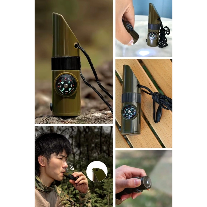 Durukar® 7si 1arada Acil Durum Düdüğü,El Feneri, Termometre,Pusula,Büyüteç,Depolama Bölmeli Kampçı Düdüğü