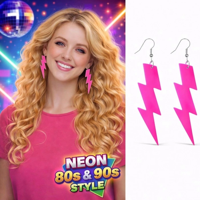 Durukar® 80’ler 90'lar Retro Neon Pembe Şimşek Küpe 10 cm