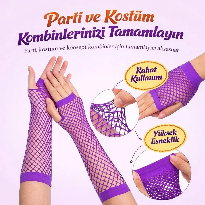 Durukar® 80’ler 90’lar Retro Mor File Parmaksız Eldiven 26 cm