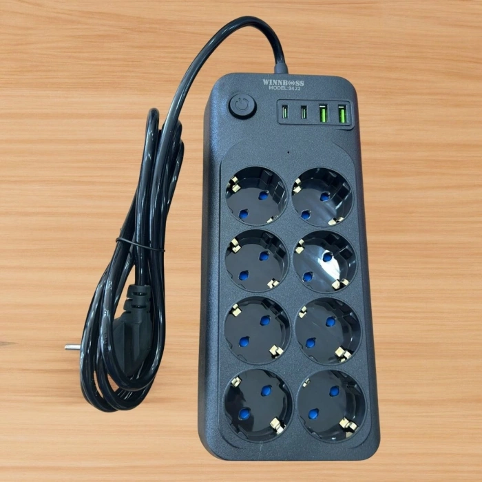 Durukar® Akım Korumalı Termal Uzatma Kablosu – 8 Priz, 2 USB ve 2 Type-C Girişli, Güçlü Çoklu Priz