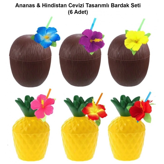 Durukar® Ananas & Hindistan Cevizi Tasarımlı Pipetli Bardak Seti (6 Adet)