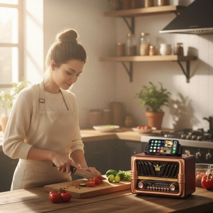 Durukar® Büyük Boy Telefon Tutma Saplı Retro Ahşap Tasarım Bluetooth Hoparlörlü Radyo – FM/AM Destekli, Şarjlı ve Taşınabilir Radyo NS-8077