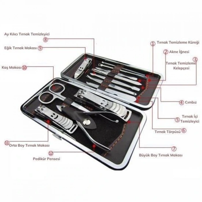 Durukar® Çantalı Manikür Pensi Profesyonel ve Manikür Pedikür Seti 13 Parça Tırnak Eti İtici Ve Cımbı