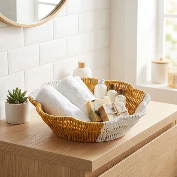 Durukar® Çiçek Model Çift Renkli Plastik Rattan Ekmek ve Meyve Sepeti - Çok Amaçlı Banyo ve Mutfak Düzenleyici - Yıkanabilir Organizer