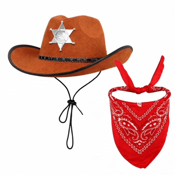 Durukar® Çocuk Kovboy Şapka Rozetli Kahverengi & Kırmızı Bandana Fular Seti