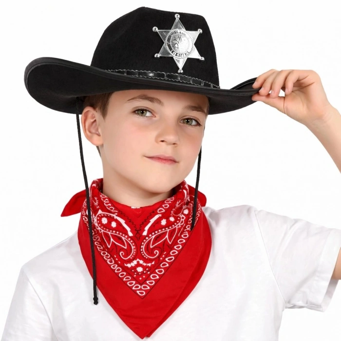 Durukar® Çocuk Kovboy Şapka Rozetli Siyah & Kırmızı Bandana Fular Seti