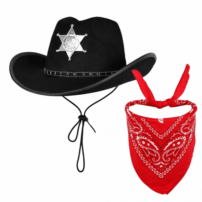 Durukar® Çocuk Kovboy Şapka Rozetli Siyah & Kırmızı Bandana Fular Seti