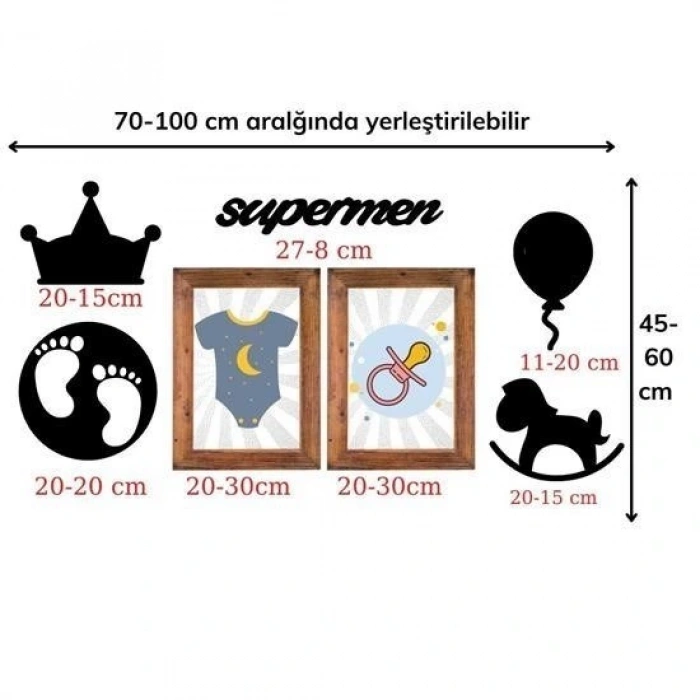 Durukar® DECO103 Supermen Dekoratif Duvar Süsü Tablo Aksesuar Ahşap Tasarım Hediye Pano Sticker Seti