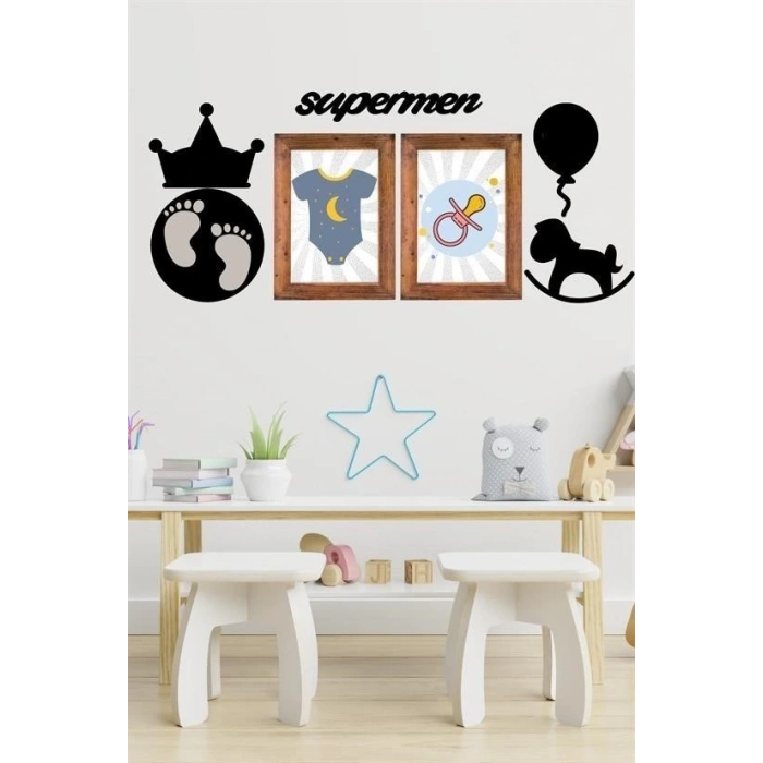 Durukar® DECO103 Supermen Dekoratif Duvar Süsü Tablo Aksesuar Ahşap Tasarım Hediye Pano Sticker Seti