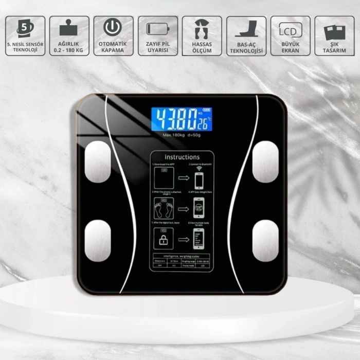 Durukar® Dijital Baskül Yağ Ölçer Fonksiyonlu Akıllı Baskül Bluetooth Bağlantılı Tartı