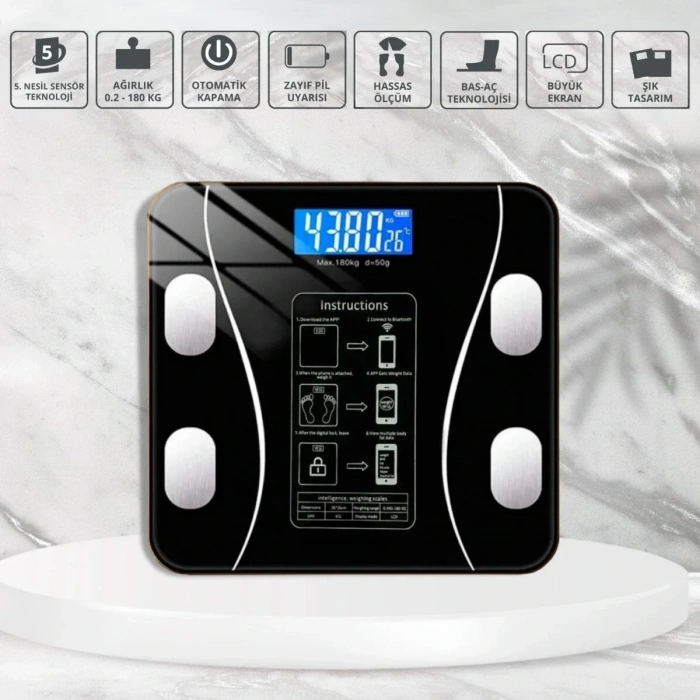 Durukar® Dijital Baskül Yağ Ölçer Fonksiyonlu Akıllı Baskül Bluetooth Bağlantılı Tartı
