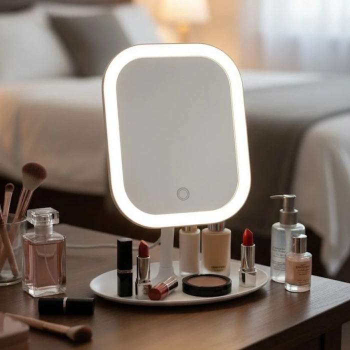 Durukar® Dokunmatik LED Işıklı Kare Makyaj Aynası – Altı Organizer Kaseli, Ayarlanabilir Aydınlatmalı Masaüstü Makyaj ve Cilt Bakım Aynası