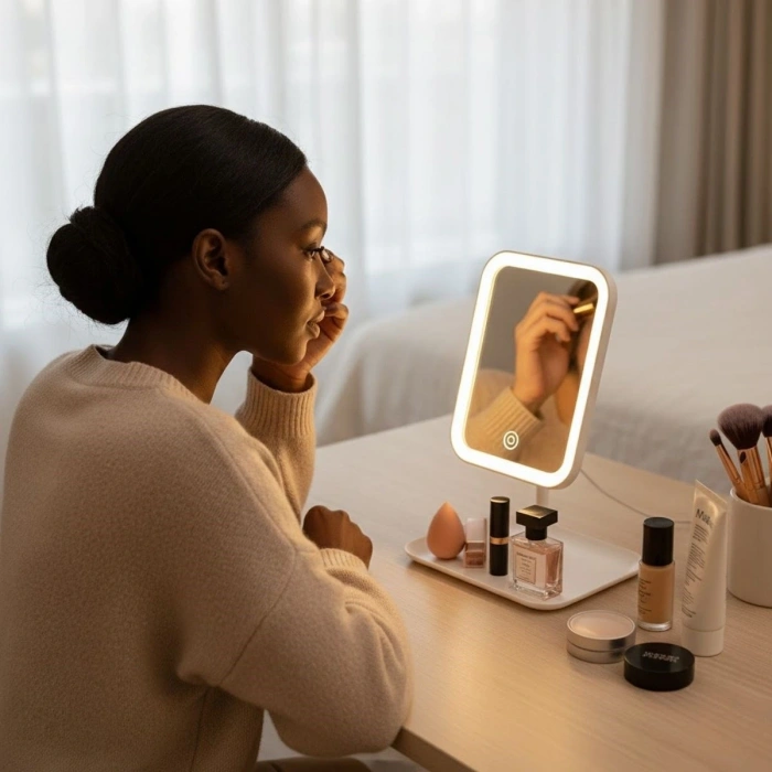 Durukar® Touch LED Lighted Square Makeup Mirror – With Six Organizer Trays, Adjustable Lighting Desktop Makeup and Skincare Mirror