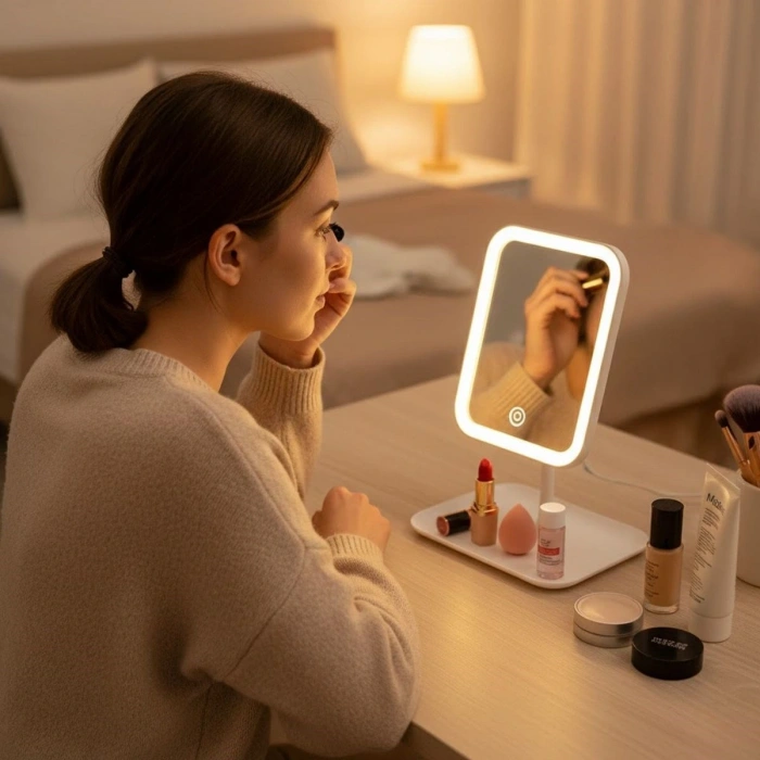 Durukar® Dokunmatik LED Işıklı Kare Makyaj Aynası – Altı Organizer Kaseli, Ayarlanabilir Aydınlatmalı Masaüstü Makyaj ve Cilt Bakım Aynası