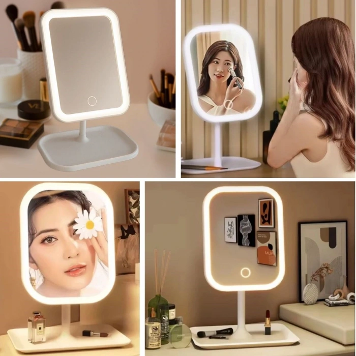 Durukar® Dokunmatik LED Işıklı Kare Makyaj Aynası – Altı Organizer Kaseli, Ayarlanabilir Aydınlatmalı Masaüstü Makyaj ve Cilt Bakım Aynası