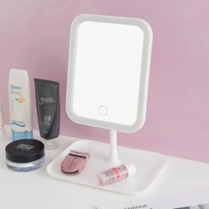 Durukar® Dokunmatik LED Işıklı Kare Makyaj Aynası – Altı Organizer Kaseli, Ayarlanabilir Aydınlatmalı Masaüstü Makyaj ve Cilt Bakım Aynası